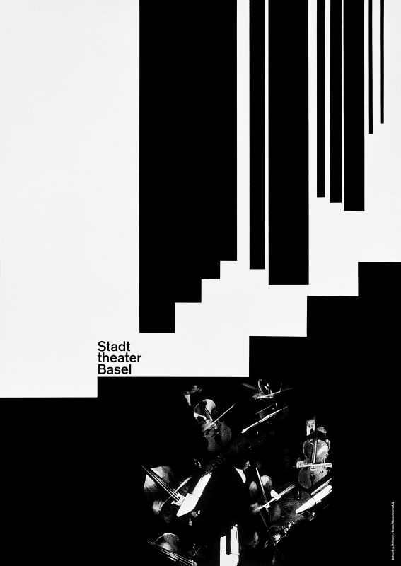 Orchestra of cello and bass plays below vertical lines; black, white