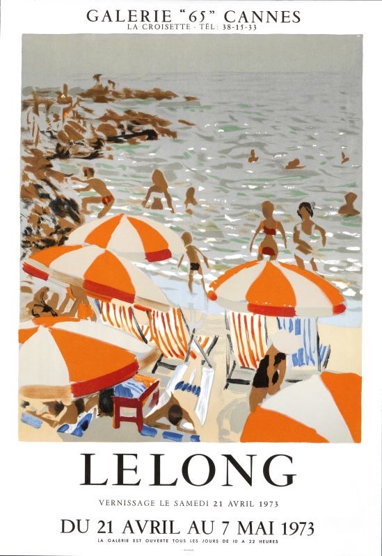 beach scene with umbrellas painting; orange, blue