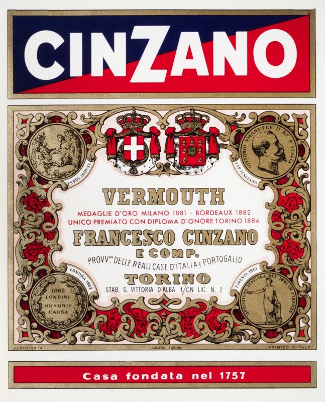 Shields, medallions, filigree for Cinzano vermouth; gold, red, blue