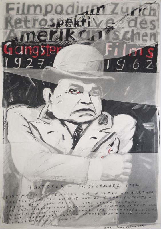 portrait of Edward G. Robinson in top hat from Little Caesar when he is shot; red, black, white, gray