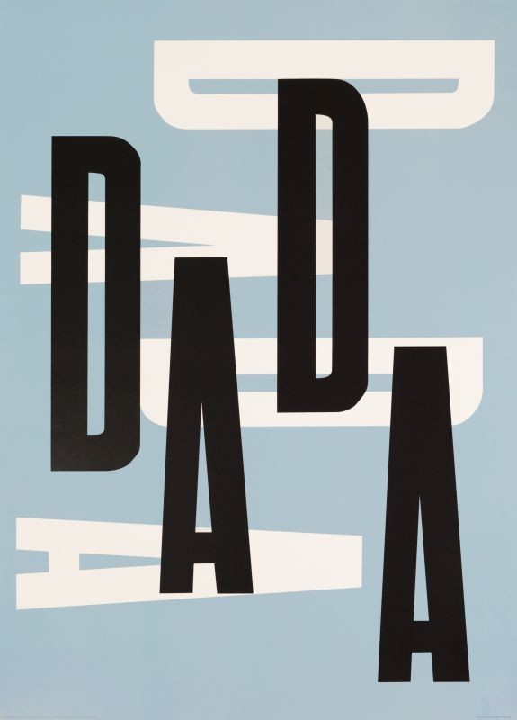 DADA printed twice in typographic style over blue background; blue, black, white