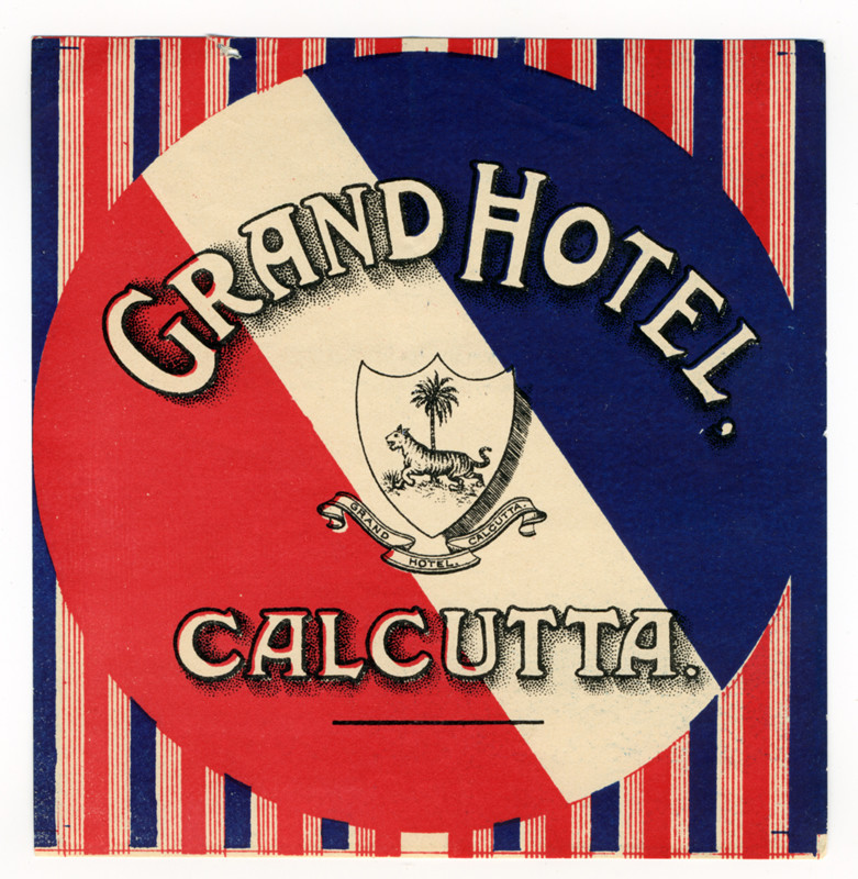 Text with hotel crest on striped background; red, white, blue