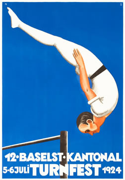 Male gymnast making a head first leap off a bar; blue, white, brown, orange