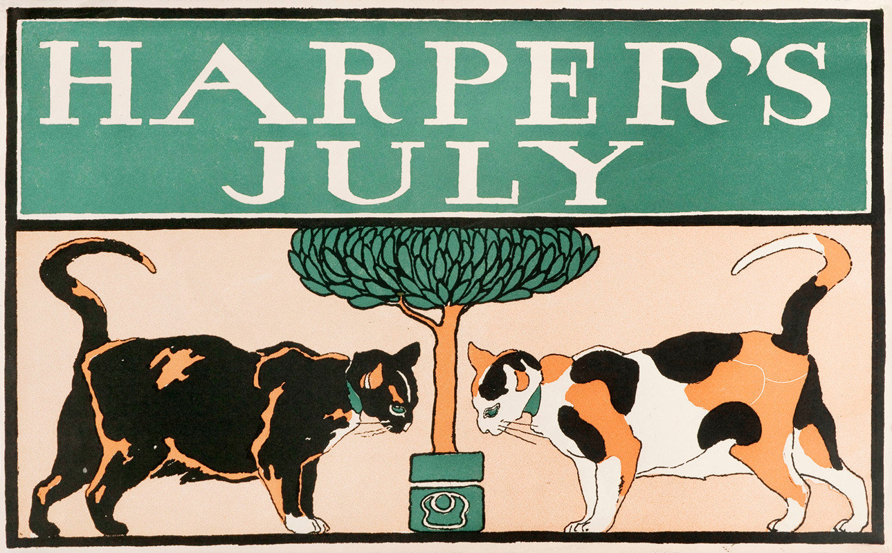 Two cats facing a small potted tree; orange, green and black