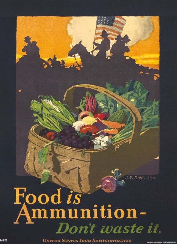 Basket with vegetables,cavalry in distance & American flag; blue, orange, green, brown