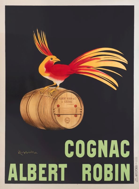 A robin sits on a barrel of cognac; black, brown, green