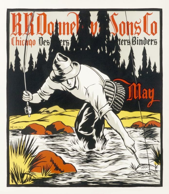 Man fly fishing and May calendar; red, green, black