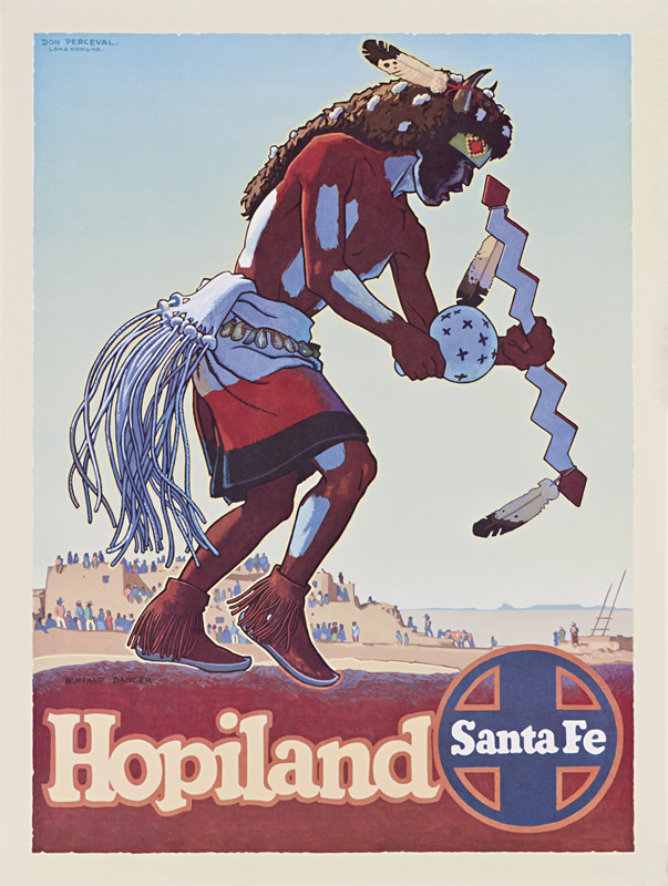 Hopi American Indian buffalo dancer in traditional costume dancing at gathering; red, blue, maroon