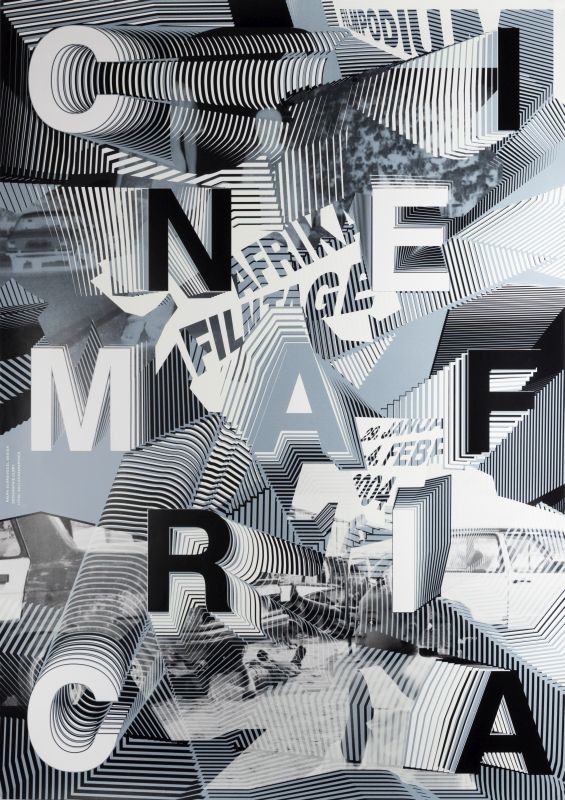 Scenes from African films, text with complex linear patterns; black, silver, white