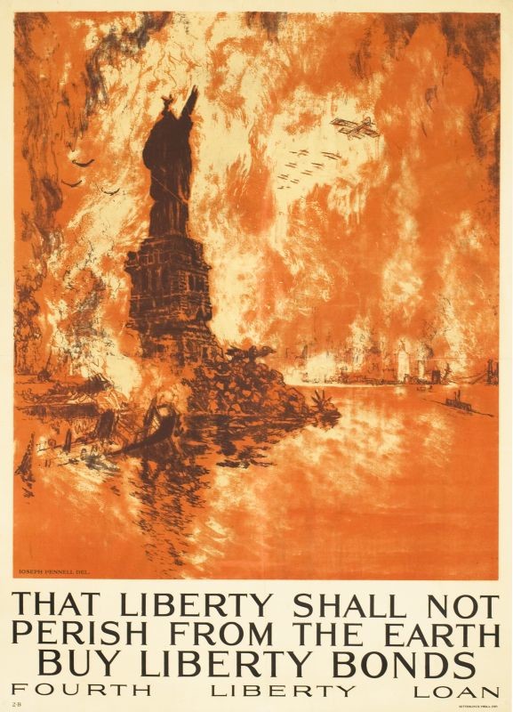 Scene of Statue of Liberty in ashes, fires smouldering over New York City; red, white