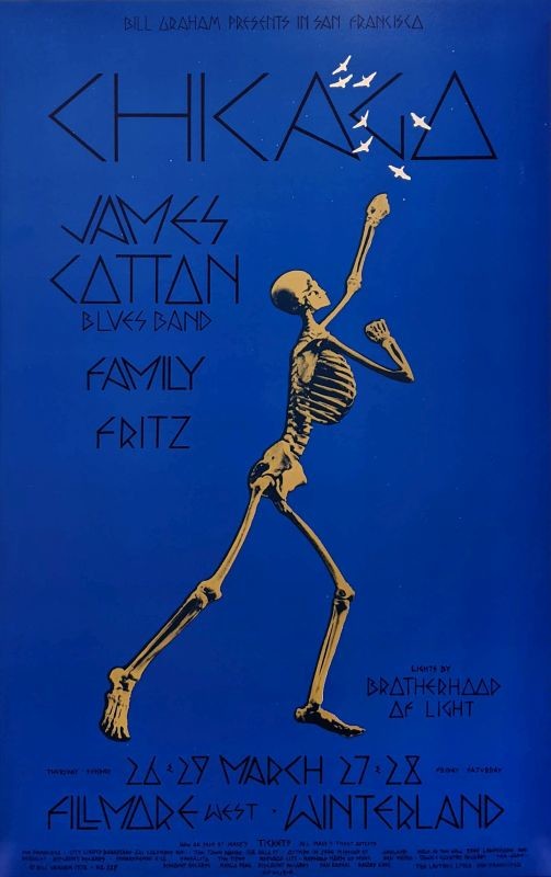 No. 225, image of skeleton punching white doves, James Cotton Blues Band, Family, Fritz; blue, yellow