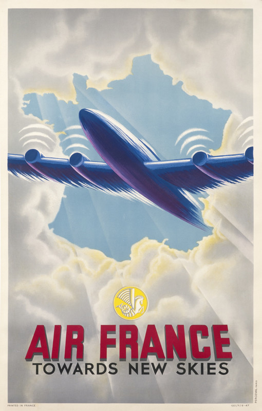 Propeller plane bursts through opening in clouds shaped like France; blue, white, purple, red