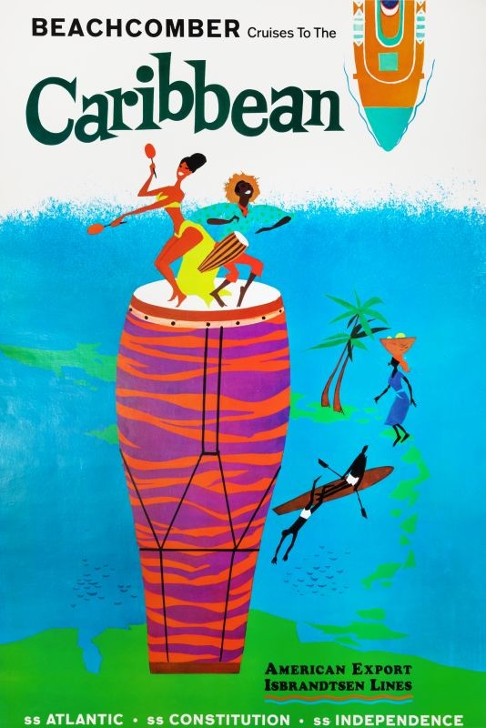 Dancer and musician atop giant drum superimposed on chain of islands; green, blue, orange