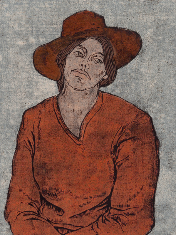 Waist-up portrait of a woman wearing a hat; brown, blue, pink, black