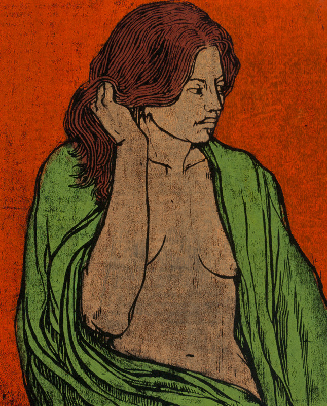 Waist-up portrait of a nude woman partially covered in a green blanket; green, beige, orange, brown