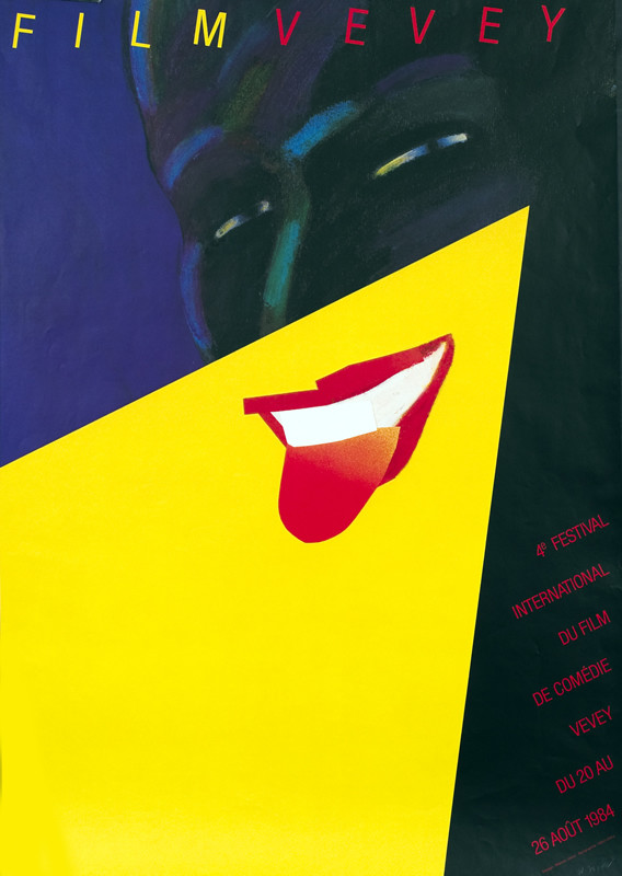 Black Man with tongue sticking out; purple, yellow