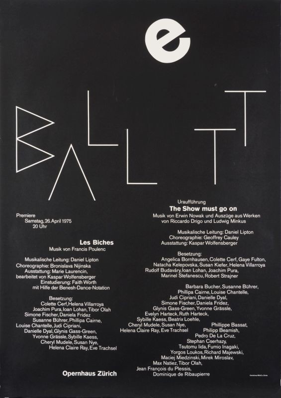 Typographic poster with letter e in ballett leaping upward; black, white