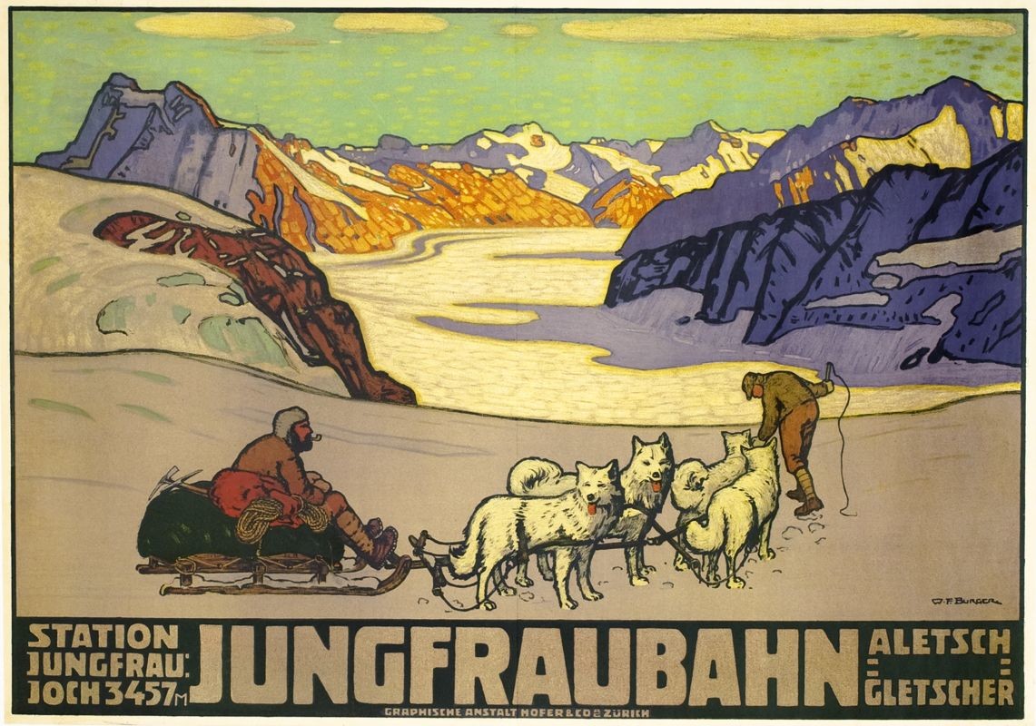 Musher sits smoking in dogsled, four huskies and assistant drive onwards, snowy mountains; blue, brown, green, white