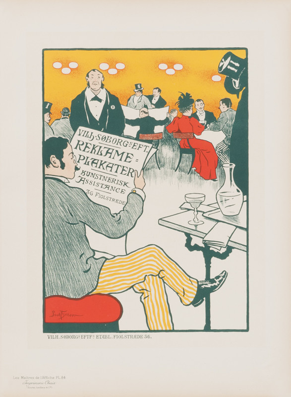 Man at cafe reads newspaper; red, green, yellow