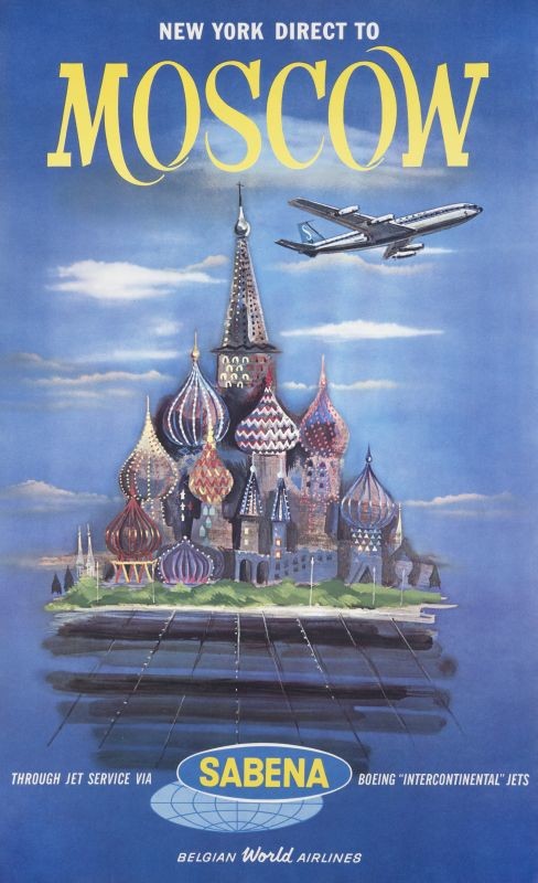 Saint Basil's Cathedral in Moscow, plane flying overhead; blue, white, yellow