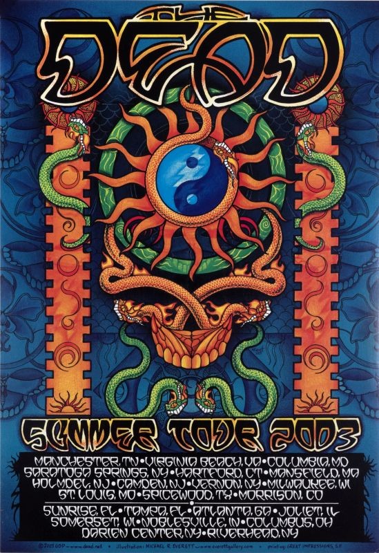 sun with yinyang design in center, curling dragon snakes around; blue, orange, green