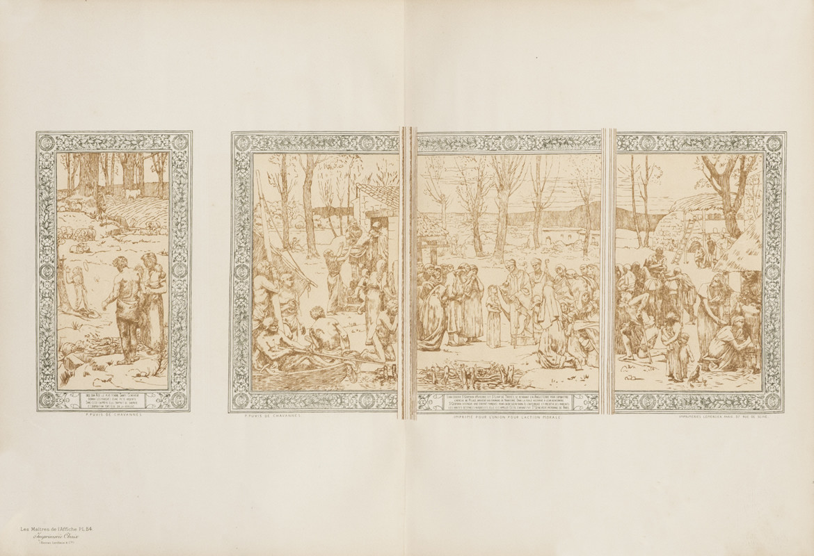 4 panels showing religious scenes; green, brown, yellow