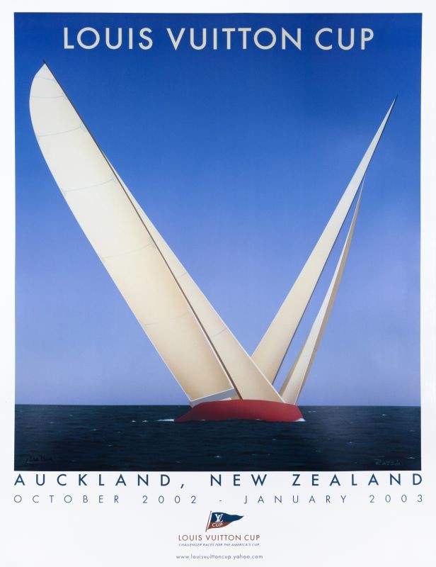 Two racing sloops cross paths; blue, brown, red, cream, white