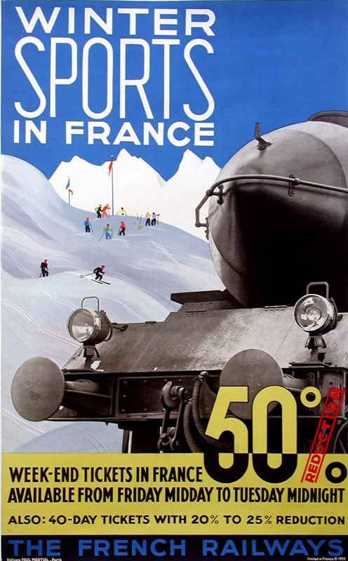 ski slopes and train; yellow, white, black