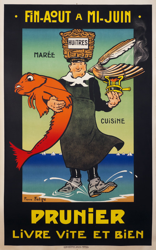 Chef holds up shell and fish; black, red, blue