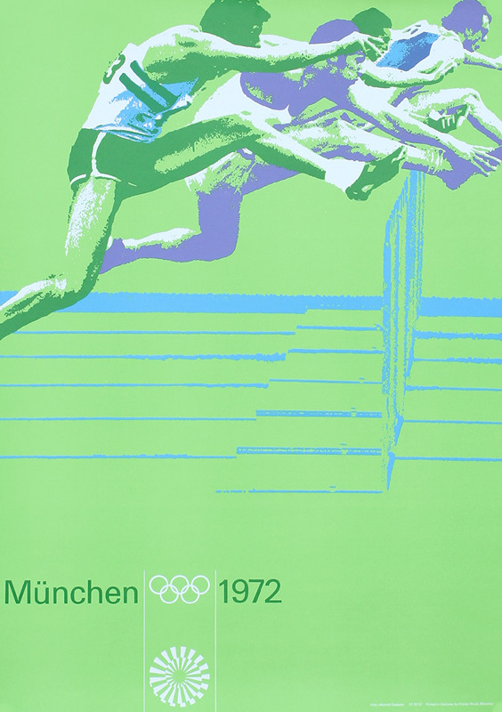 Men leap over hurdles; green, blue