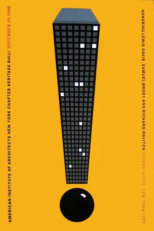 Building turned into exclamation point; black, yellow