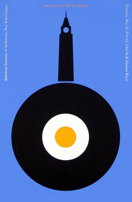 Frying pan with egg, handle in shape of skyscraper; blue, white, yellow, black