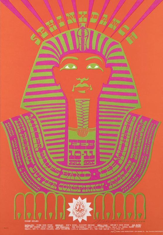 Image of a pharaoh, Lee Michaels, Peanut Butter Conspiracy; green, pink, orange
