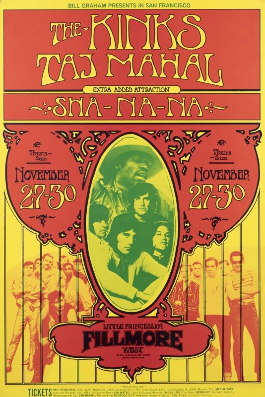 No. 204, photo images of the performing bands; Taj Mahal, Sha Na Na; red, yellow, green, neon