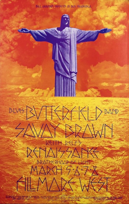 No. 221, photo image of Brazilian port statue of Christ amongst hellish seas, Savoy Brown, Renaissance; red, yellow, purple
