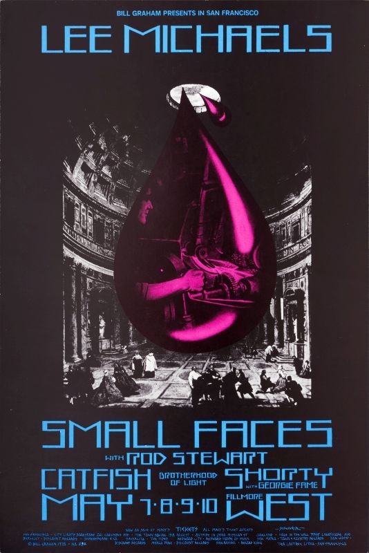 No. 232, water droplets falling from rotunda with image of man and gears inside, The Small Faces, Rod Stewart, Catfish, Shorty; pink, black, blue