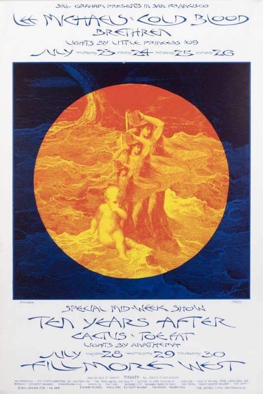 No. 244, Cold Blood, Ten Years After, Cactus, Toe Fat, circle with classical illustration on blue background; blue, red, yellow