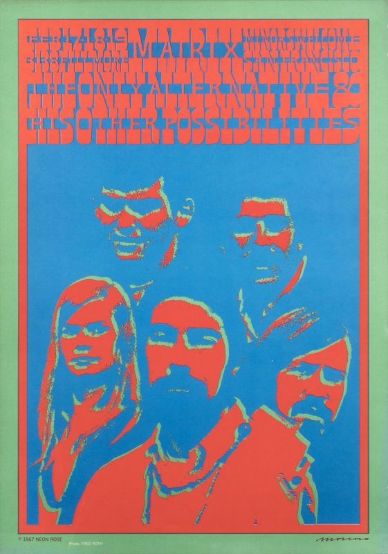 Photo of band rendered in psychedelic style; orange, blue, green