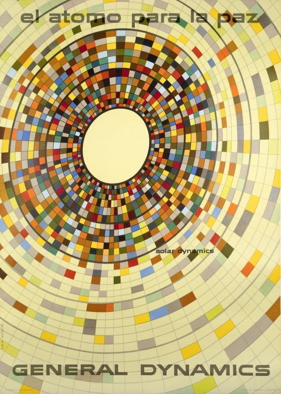 Sun made of mosaics radiates outwards; yellow, red, orange, black