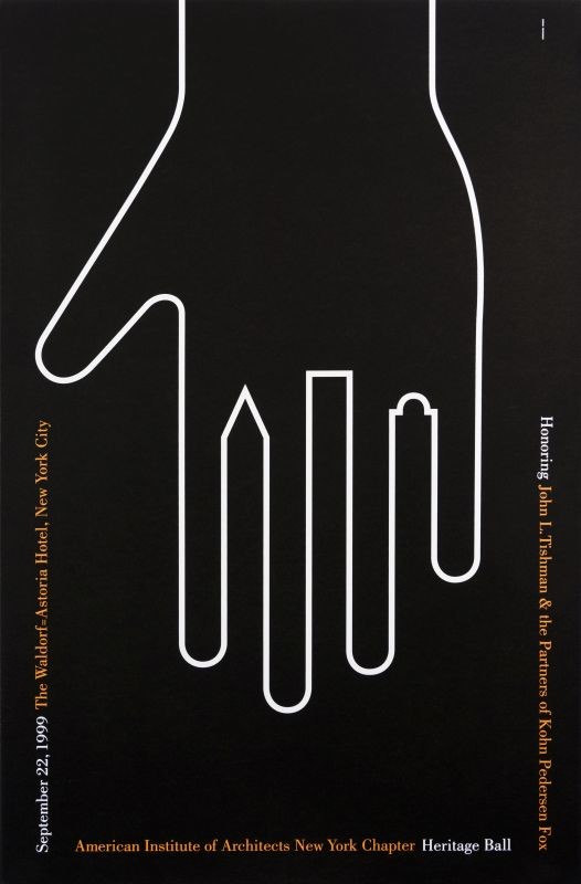 Outline of hand, fingers are buildings of cityscape; black, white, yellow