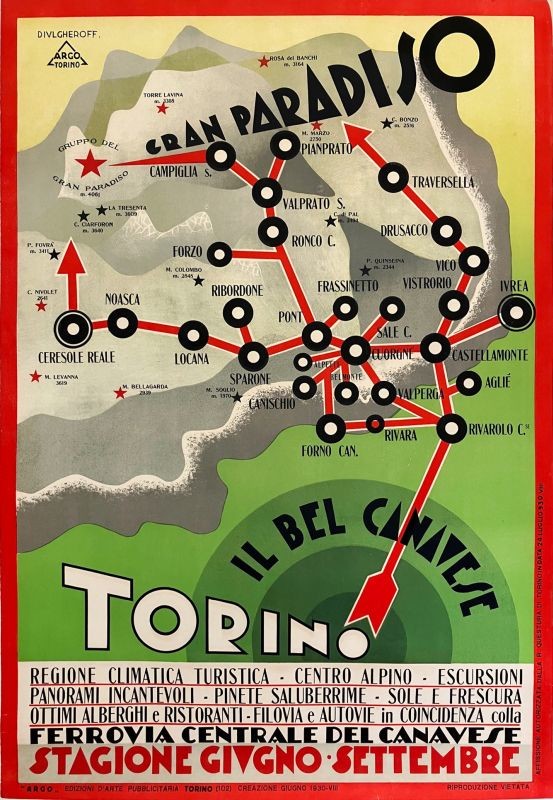 Route map from Turin to the national park & tourist stops in the Canavese region; GREEN, RED, YELLOW, BLACK