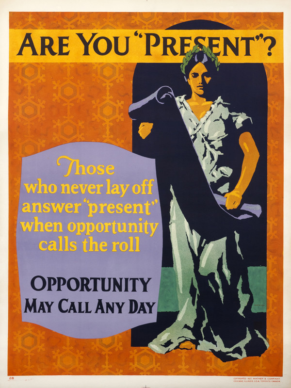 Liberty holds a scroll, on top of tapestry background; orange, green, purple