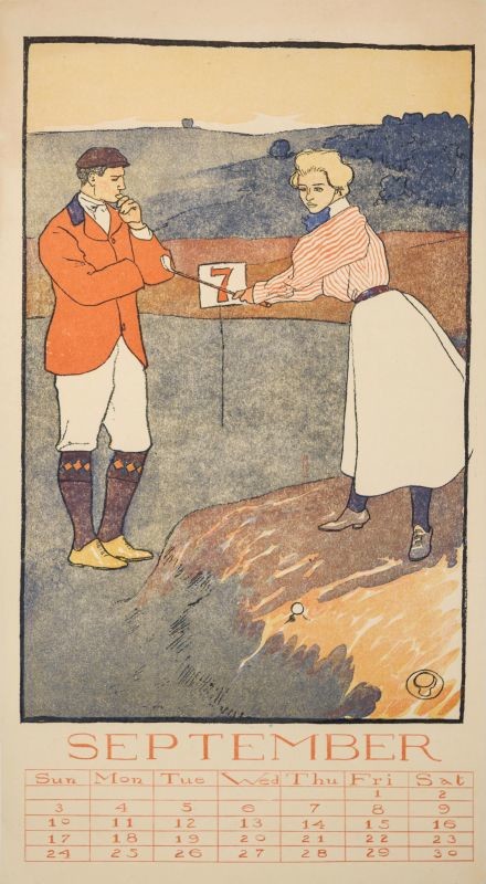 Man watches woman take practice swing; red, brown, gray