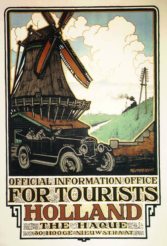 windmill, auto and tourists; brown, green, blue