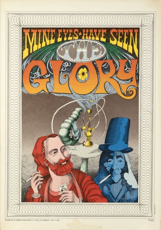 2 smoking historical figures, hookah used by giant caterpillar behind; orange, red, blue, green