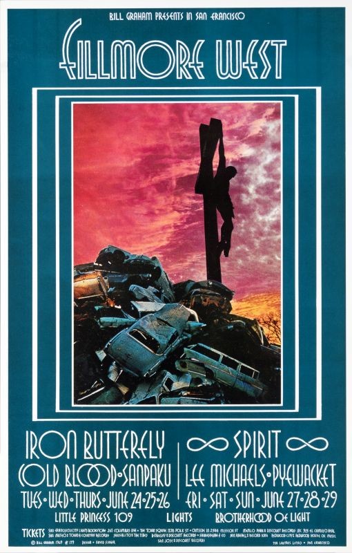 No. 179, image of crucifix amongst a sunset and junk cars, Cold Blood, Sanpaku, Spirit, Lee Michaels, Pyewacket; blue