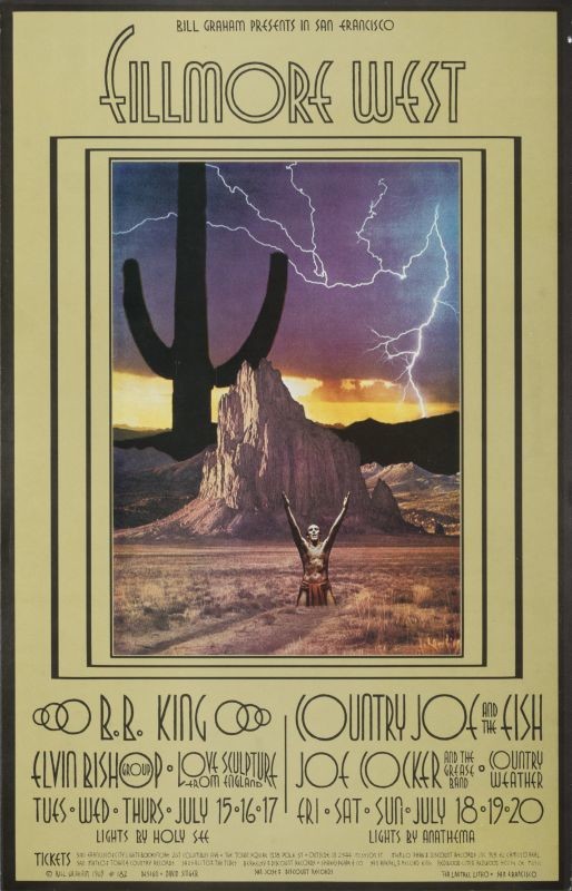 No. 182, southwest desert scene,lightning, man in loincloth with outstreched arms, Elvin Bishop Group, Love Sculpture, Country Joe & The Fish, Joe Crocker & The Grease Band, Country Weather; purple, gray