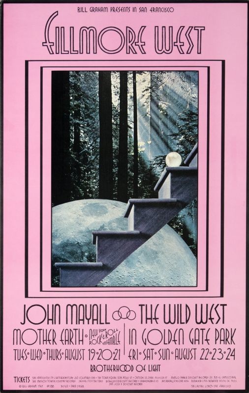 No. 188, image of the moon, steps, forest, Mother Earth, New York Rock & Roll Ensemble, Wild West; pink, blue