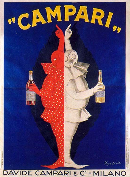 Two pierrots, one red, one white, hold bottles and point to Campari name; green, black, red, blue
