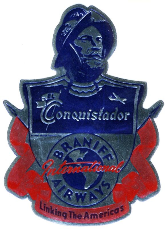 Braniff International Airways logo with conquistador figure and partial map of North and South America; blue, red, silver
